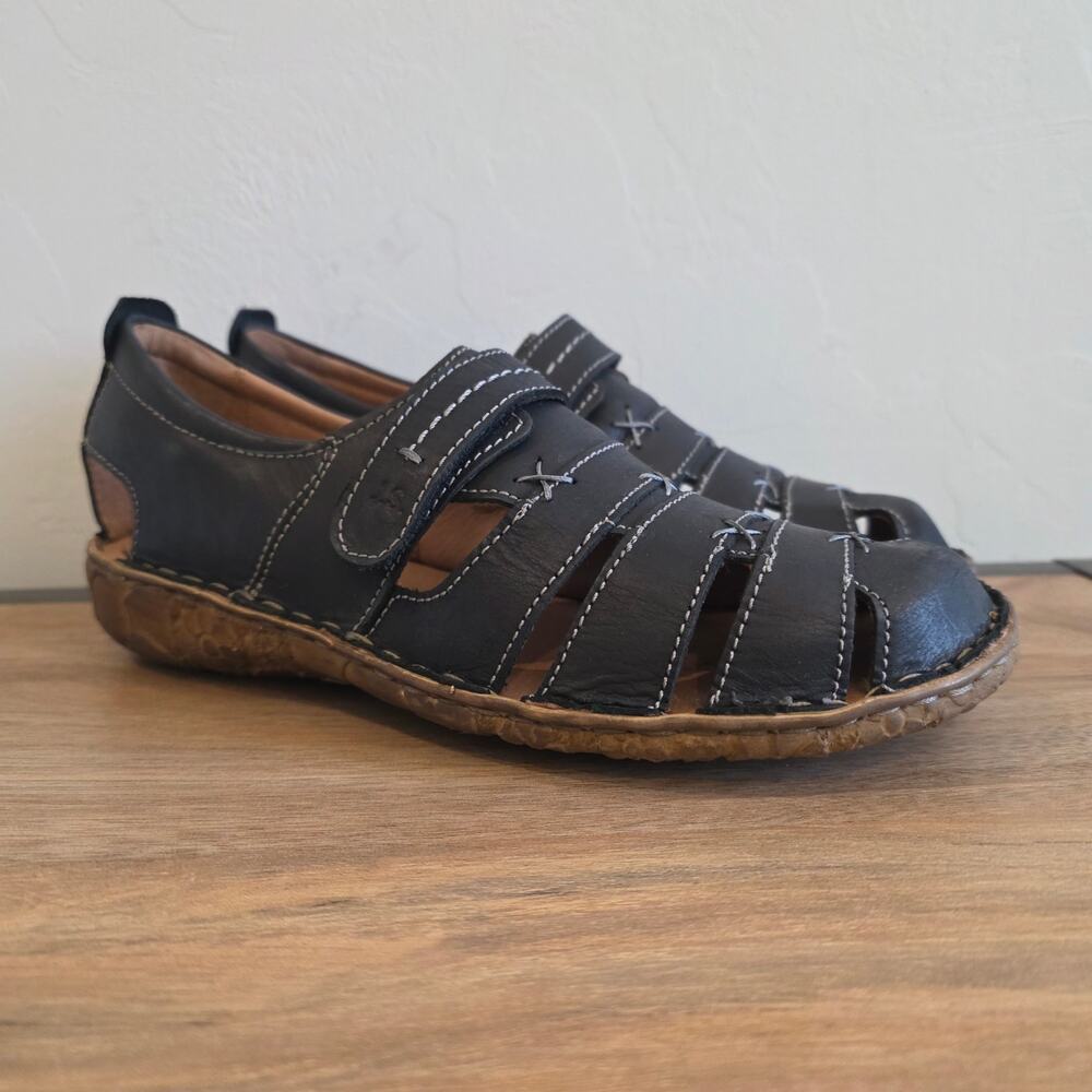 Josef Seibel Women 36 US 5.5 Black Leather Fisherman Sandals Closed Toe Comfort